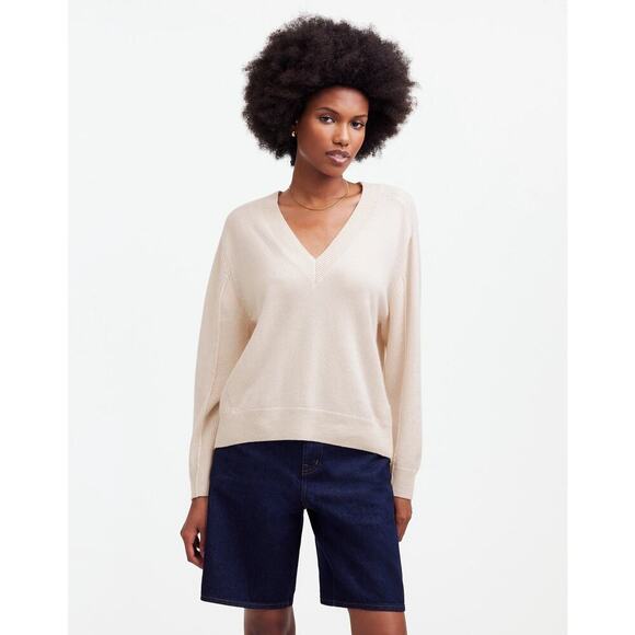 NEW Madewell Women’s Small Heather Oat Cashmere V-Neck Sweater NWT‎ - Picture 1 of 9